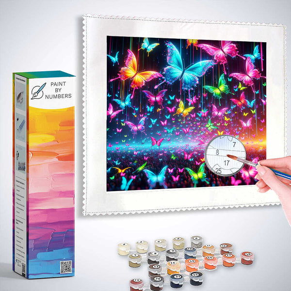 Paint by Numbers kit featuring colorful butterflies glowing in the night, with paint pots and brush included for vibrant artwork creation.