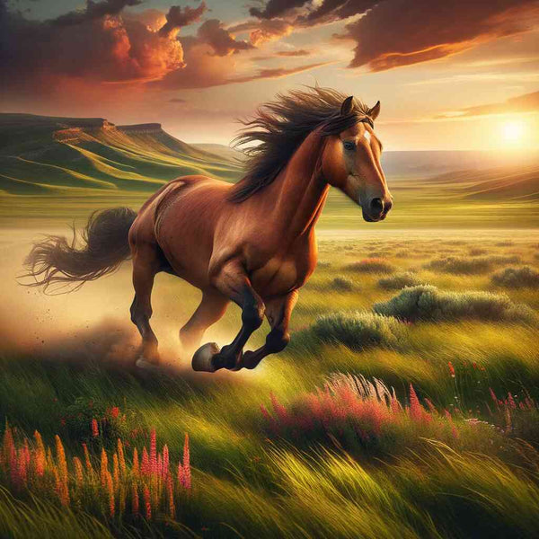 Paint by Numbers - Freedom at Sunset. Horse galloping through a lush green landscape at sunset with vibrant colors and warm sun tones.