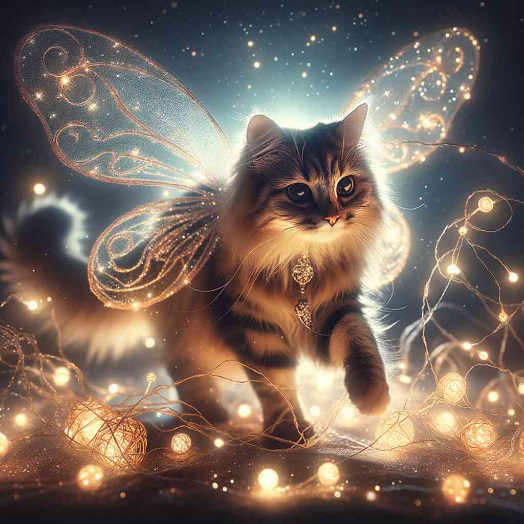 Paint by Numbers - "Magic of the Starry Night" featuring a majestic cat with glowing wings, set in a warm, gold-toned, magical atmosphere.