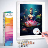 Paint by Numbers kit with serene Buddha statue on pink lotus blossom, set in a tranquil garden with shimmering flowers and floating particles