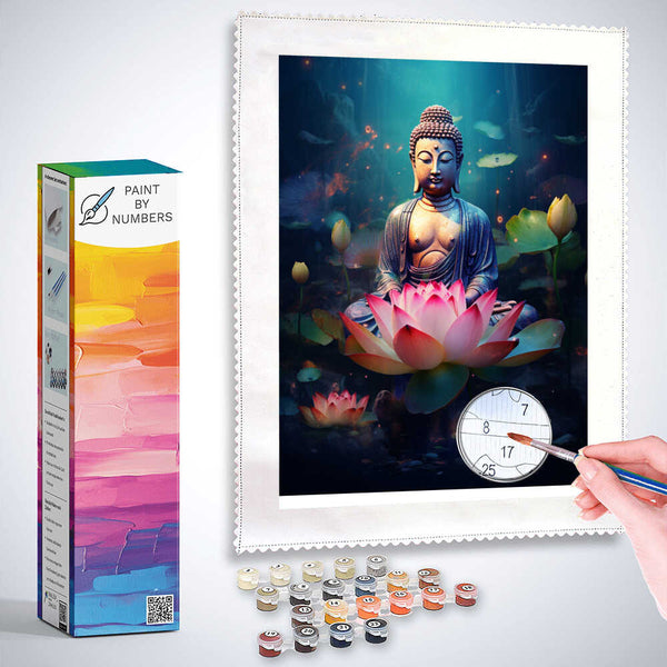 Paint by Numbers kit with serene Buddha statue on pink lotus blossom, set in a tranquil garden with shimmering flowers and floating particles