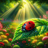 Paint by Numbers - Lights of Life, Ladybug. Vibrant forest with sunlight, green foliage, and a ladybug with water droplets on its shell.