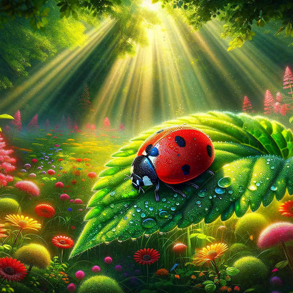 Paint by Numbers - Lights of Life, Ladybug. Vibrant forest with sunlight, green foliage, and a ladybug with water droplets on its shell.
