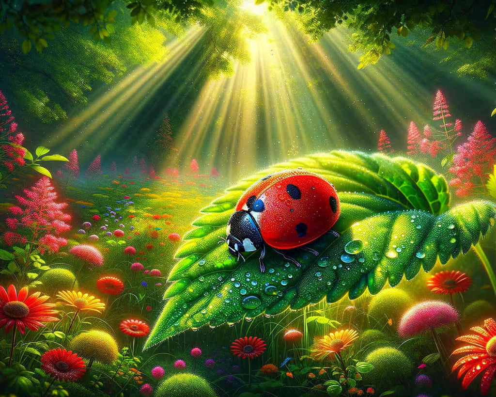 Paint by Numbers - Lights of Life, Ladybug. Vibrant forest with sunlight, green foliage, and a ladybug with water droplets on its shell.