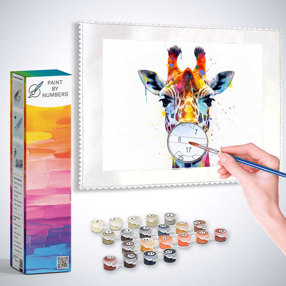 Paint by Numbers kit featuring vibrant giraffe portrait with colorful splashes, paint pots, and hand painting on canvas.
