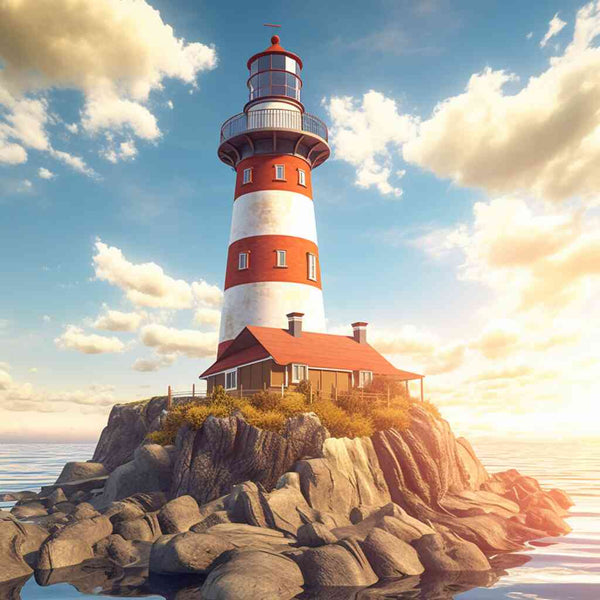 Paint by Numbers - Majestic red and white lighthouse on rocky island at sunset, reflecting in calm sea, symbolizing guidance and peace