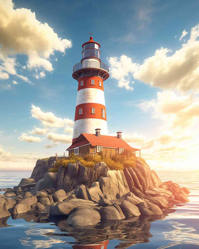 Paint by Numbers - Majestic red and white lighthouse on rocky island at sunset, reflecting in calm sea, symbolizing guidance and peace