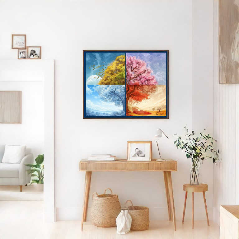 Paint by Numbers - Seasons of Longing artwork depicting four seasons in a modern, romantic style, hanging in a stylish living space.