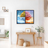 Paint by Numbers - Seasons of Longing artwork depicting four seasons in a modern, romantic style, hanging in a stylish living space.