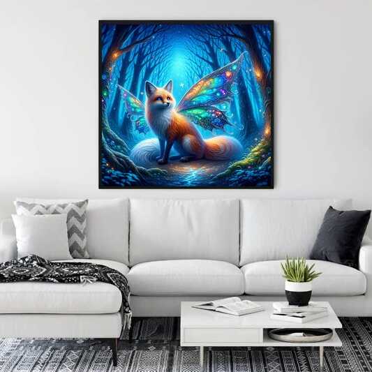Paint by Numbers - Enchanted Forest Encounter artwork featuring a magical fox-butterfly creature in a sapphire blue forest above a white sofa.