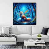 Paint by Numbers - Enchanted Forest Encounter artwork featuring a magical fox-butterfly creature in a sapphire blue forest above a white sofa.