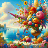 Paint by Numbers - Floral Masterpiece of Peace with vibrant blooms, sailing ships, and azure sea backdrop