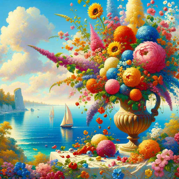 Paint by Numbers - Floral Masterpiece of Peace with vibrant blooms, sailing ships, and azure sea backdrop