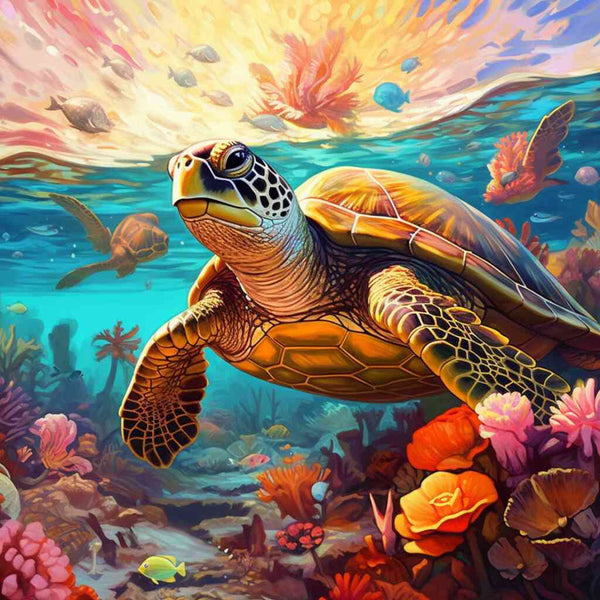 Paint by Numbers - Sea Melody featuring a majestic sea turtle swimming through vibrant coral reefs and fish in crystal clear Mediterranean waters.