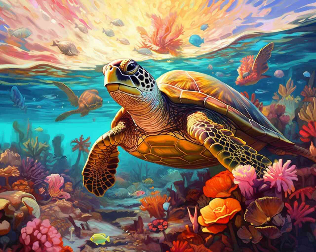 Paint by Numbers - Sea Melody featuring a majestic sea turtle swimming through vibrant coral reefs and fish in crystal clear Mediterranean waters.