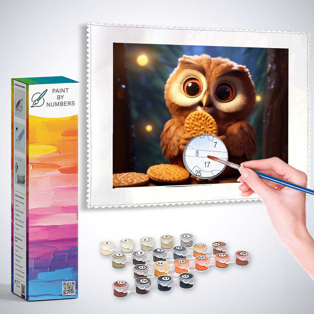 Paint by Numbers Owl Magic in the Twilight, digital art of a small owl holding a cookie, with painting supplies, warm brown tones, fantasy style.