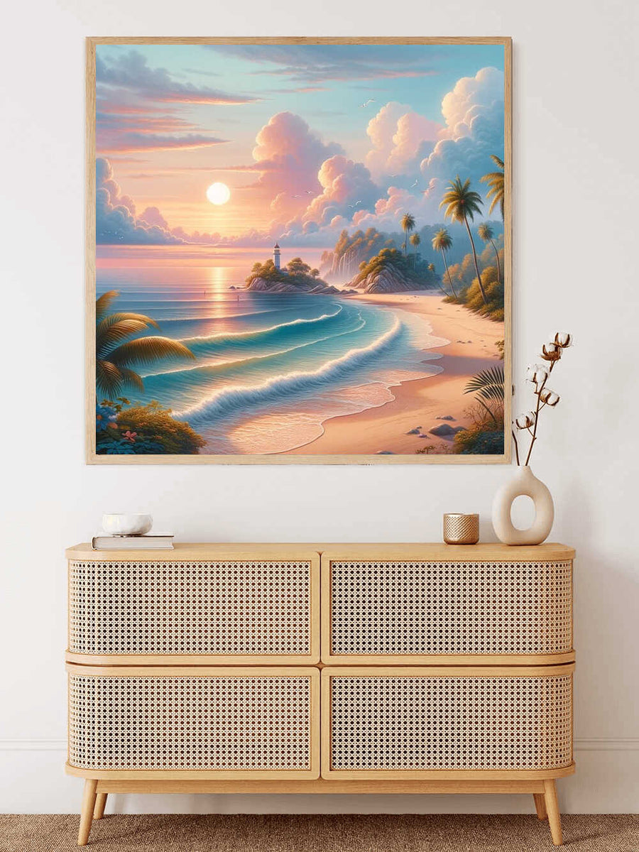 Paint by Numbers - Coastal Wonders at Sunset. Pastel skies, lighthouse, tropical beach, and dreamy waves create a serene tropical paradise.