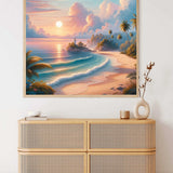 Paint by Numbers - Coastal Wonders at Sunset. Pastel skies, lighthouse, tropical beach, and dreamy waves create a serene tropical paradise.