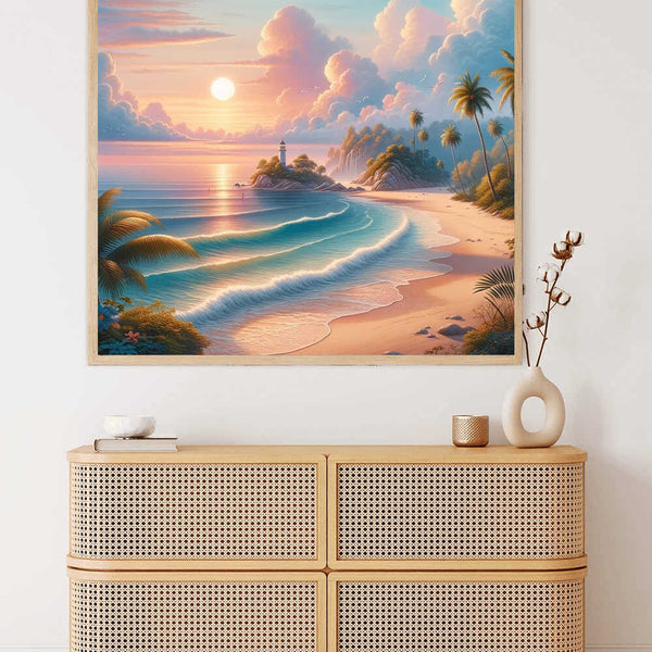 Paint by Numbers - Coastal Wonders at Sunset. Pastel skies, lighthouse, tropical beach, and dreamy waves create a serene tropical paradise.