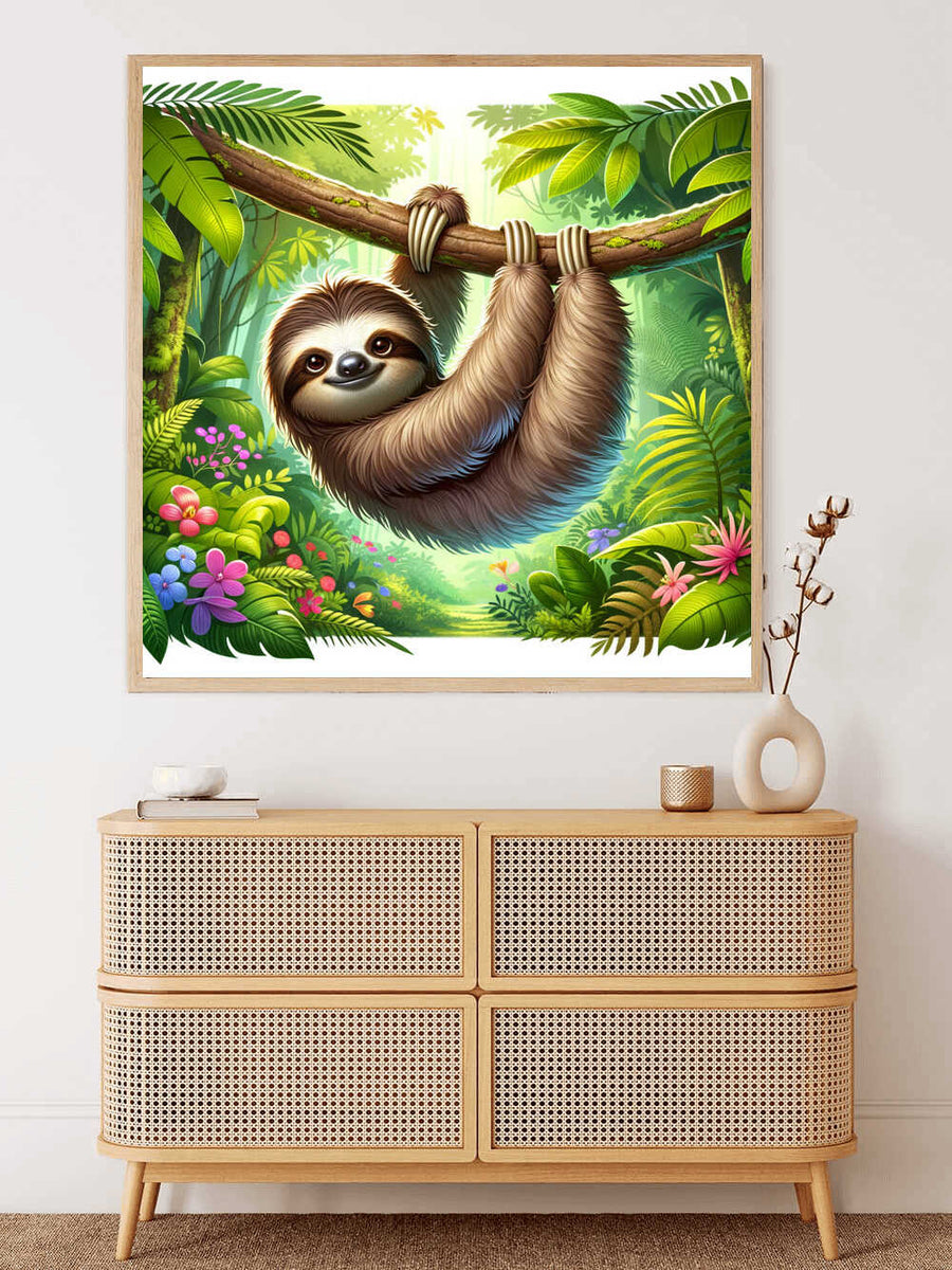 Paint by Numbers - Serene Jungle Dream with a smiling sloth hanging from a branch amidst lush greenery and tropical flowers