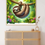 Paint by Numbers - Serene Jungle Dream with a smiling sloth hanging from a branch amidst lush greenery and tropical flowers