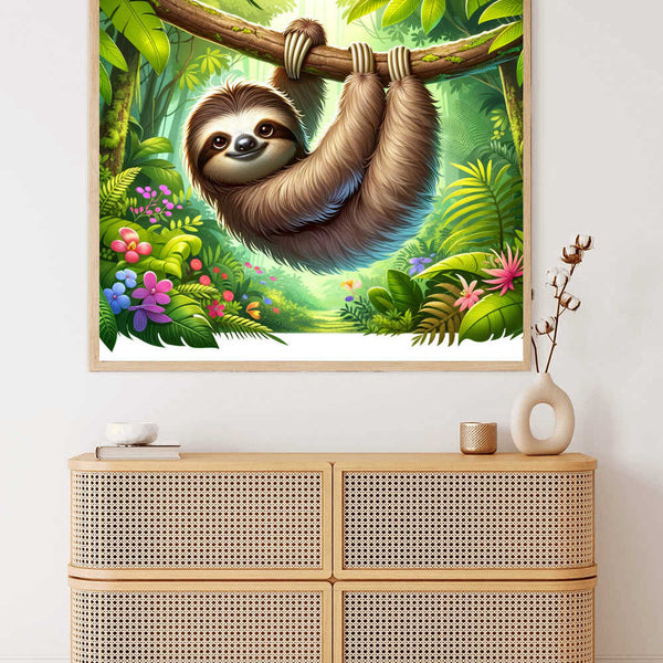 Paint by Numbers - Serene Jungle Dream with a smiling sloth hanging from a branch amidst lush greenery and tropical flowers