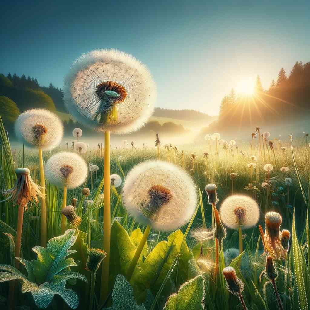 Paint by Numbers - Morning Light in Dandelion Valley with golden sunrise over fluffy dandelion heads and lush greenery, instilling peace and wonder.