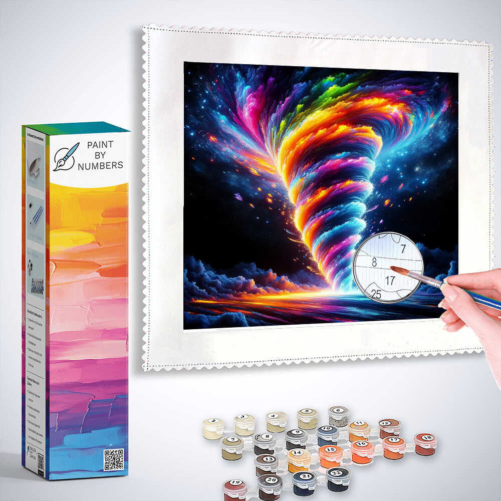 Paint by Numbers kit for "Cosmic Euphoria" showcasing a vibrant night sky with swirling colors, paint pots, brush, and canvas.