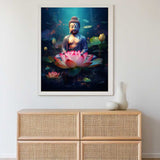 Paint by Numbers artwork of a peaceful Buddha statue on a pink lotus blossom with floating glow particles and shimmering flowers