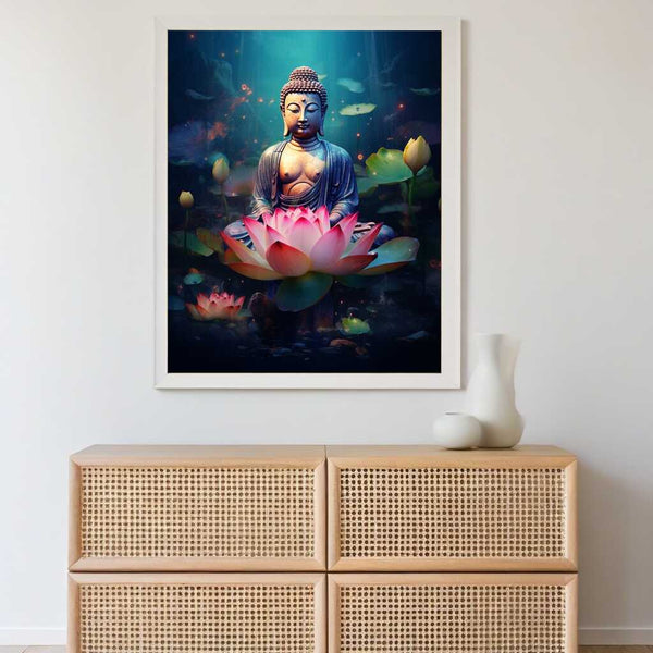 Paint by Numbers artwork of a peaceful Buddha statue on a pink lotus blossom with floating glow particles and shimmering flowers
