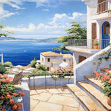 Paint by Numbers - Mediterranean dream, vibrant azure blue and white buildings with pink bougainvilleas by a serene seascape.