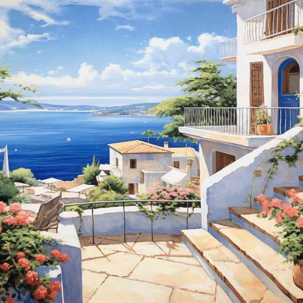 Paint by Numbers - Mediterranean dream, vibrant azure blue and white buildings with pink bougainvilleas by a serene seascape.