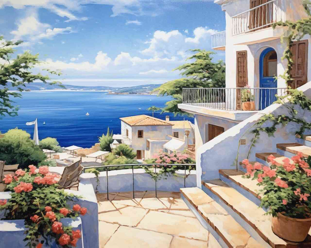 Paint by Numbers - Mediterranean dream, vibrant azure blue and white buildings with pink bougainvilleas by a serene seascape.