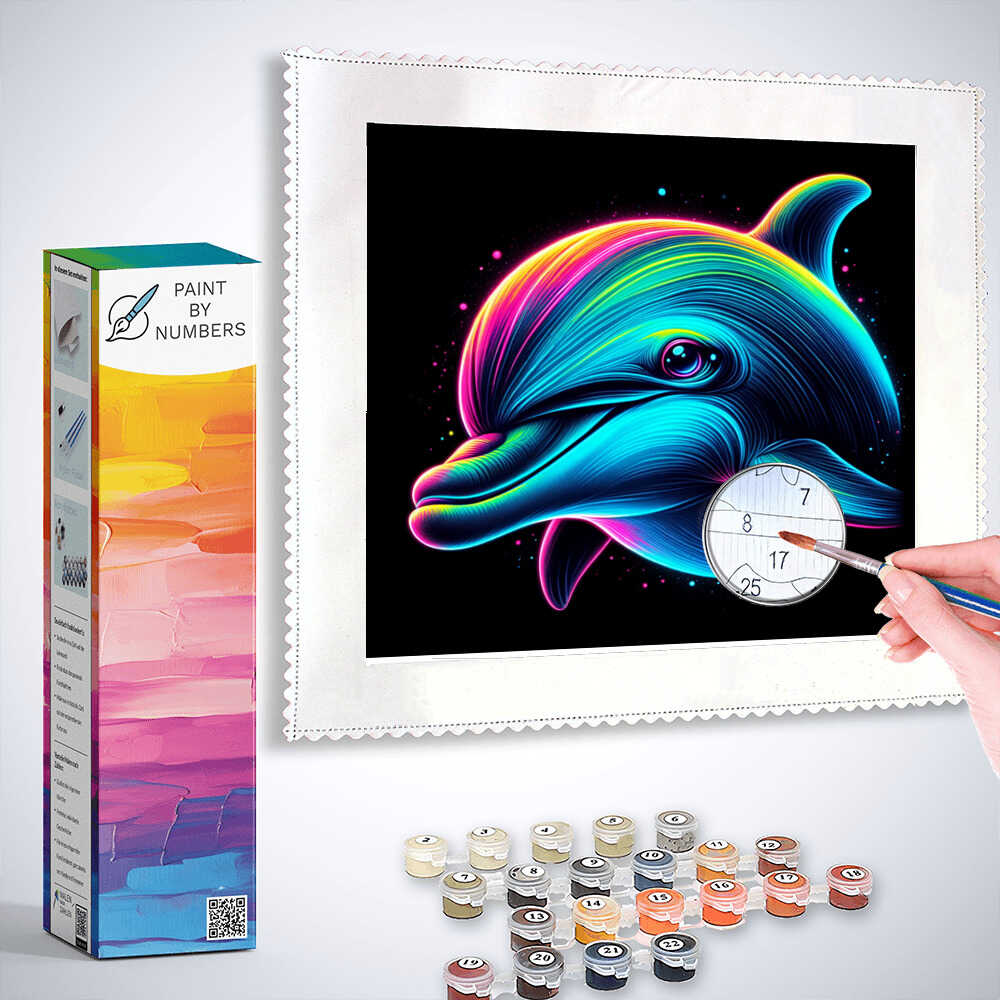Paint by Numbers - Cosmic Dolphin Jump with vibrant abstract lines, colorful paint set, and dynamic dolphin showcasing modern art.