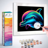 Paint by Numbers - Cosmic Dolphin Jump with vibrant abstract lines, colorful paint set, and dynamic dolphin showcasing modern art.