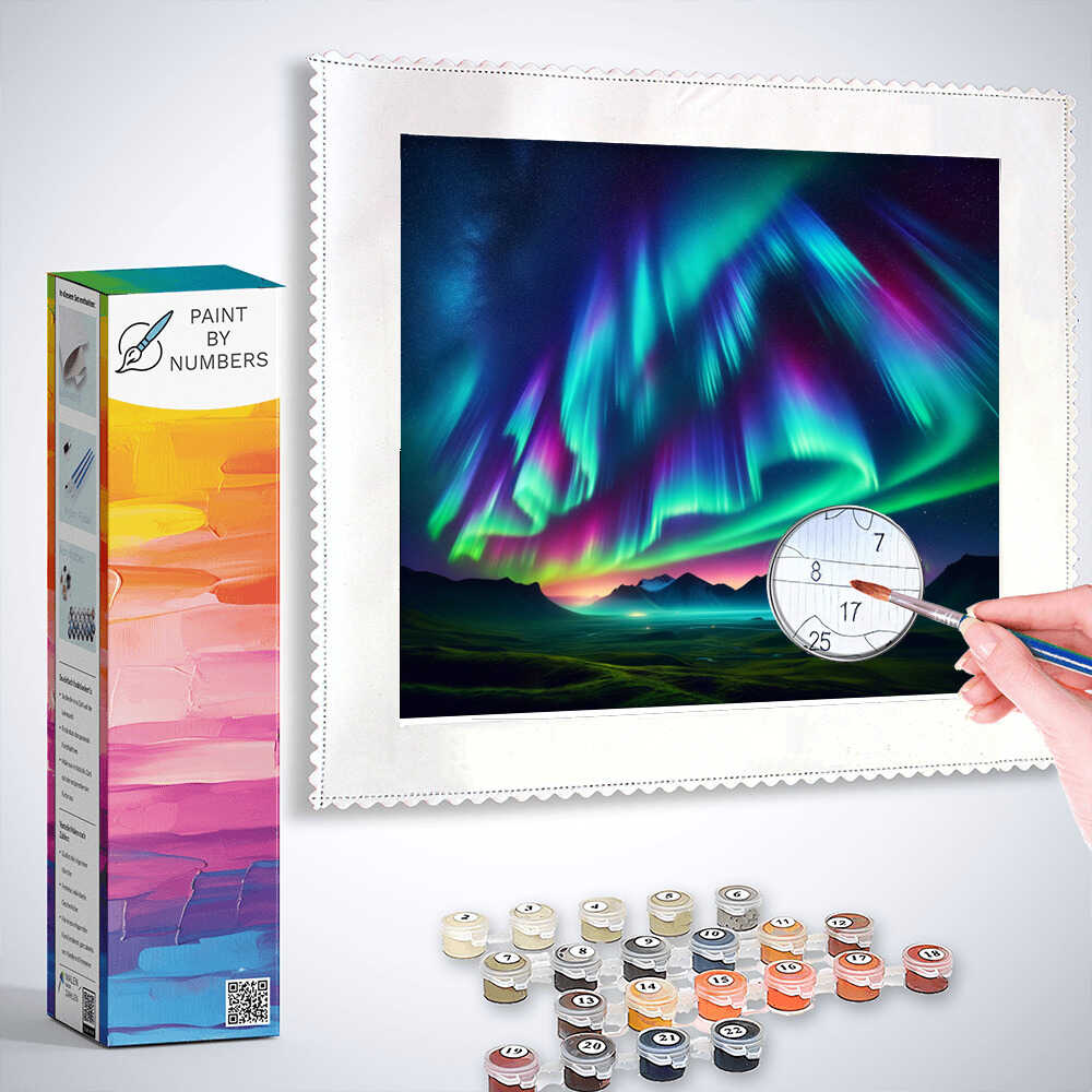 Paint by Numbers kit featuring a Northern Lights Dreamscape with colorful night sky, mountain silhouettes, and painting supplies.