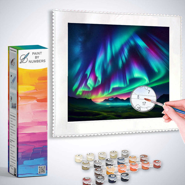 Paint by Numbers kit featuring a Northern Lights Dreamscape with colorful night sky, mountain silhouettes, and painting supplies.