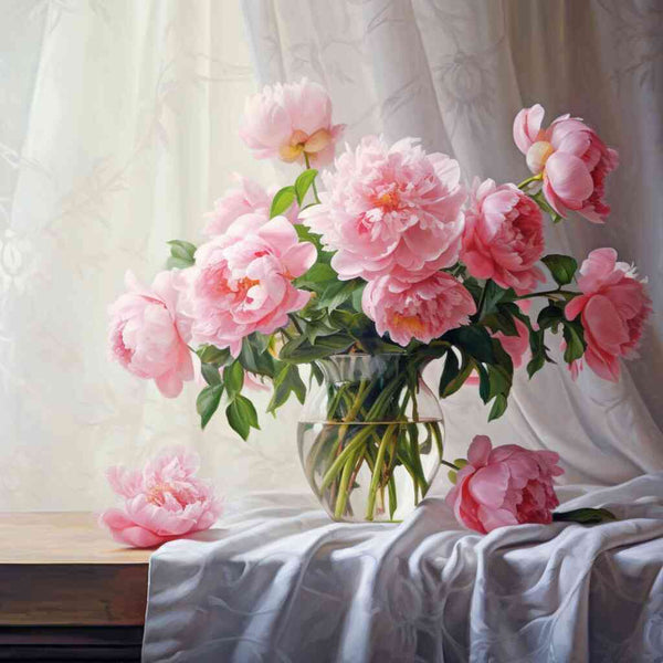 Paint by Numbers still life of pink peonies in clear vase against soft drapery evokes calm and timeless elegance with delicate textures