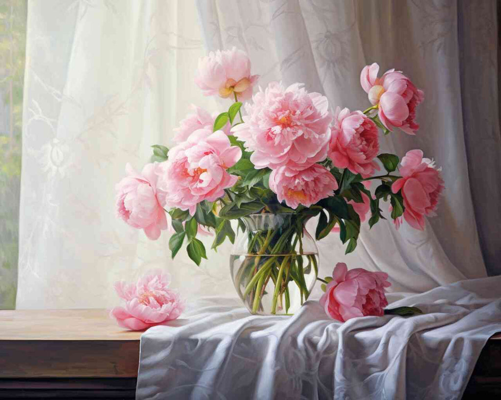 Paint by Numbers still life of pink peonies in clear vase against soft drapery evokes calm and timeless elegance with delicate textures