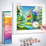 Paint by Numbers mystical creature artwork with rainbow feathers, set in an idyllic landscape, promoting creativity and happiness.
