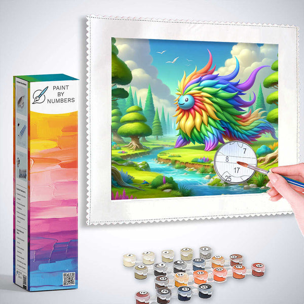 Paint by Numbers mystical creature artwork with rainbow feathers, set in an idyllic landscape, promoting creativity and happiness.