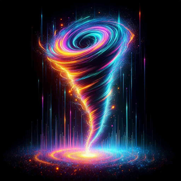 Paint by Numbers Cosmic Dance of Colors artwork, featuring vibrant swirls of blue, purple, and orange in a hypnotic spiral against a dark background.