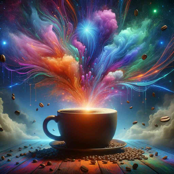 Paint by Numbers - Cosmic Coffee Enjoyment, vibrant colors and floating coffee beans in surreal celestial artwork
