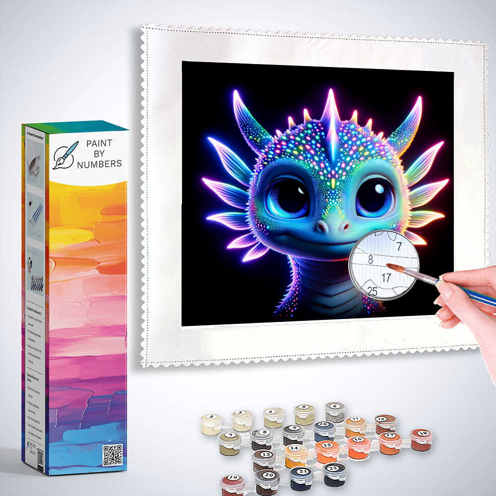 Paint by Numbers kit featuring a glowing fantasy creature in neon blue, purple, and pink shades against a dark background