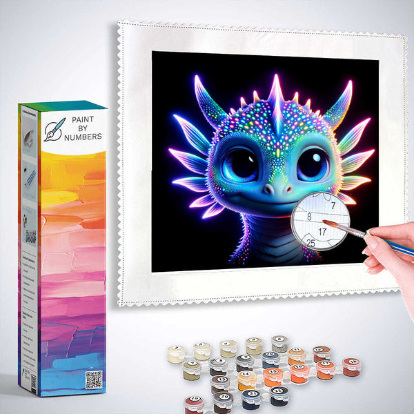 Paint by Numbers kit featuring a glowing fantasy creature in neon blue, purple, and pink shades against a dark background