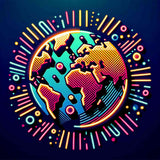 Paint by Numbers - Luminous Symphony of Globality showcasing a vibrant neon depiction of continents connected by electric currents in pink, blue, and yellow.