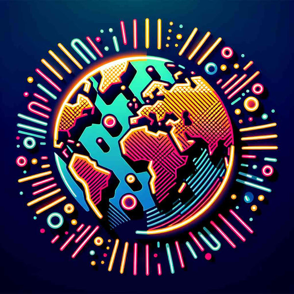 Paint by Numbers - Luminous Symphony of Globality showcasing a vibrant neon depiction of continents connected by electric currents in pink, blue, and yellow.