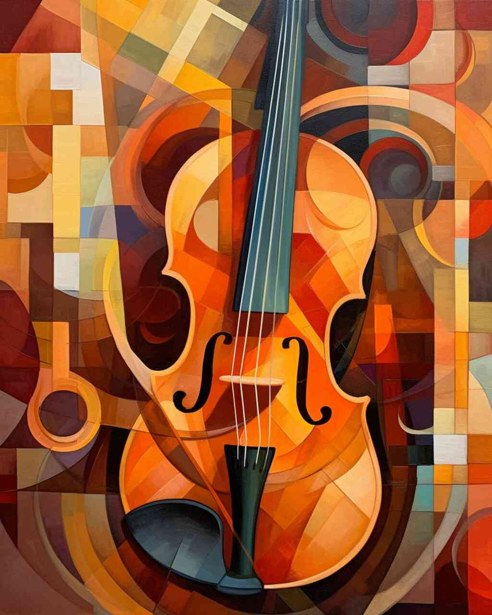 Paint by Numbers "Symphony of Forms" featuring a realistic violin amidst warm oranges and soft browns with abstract patterns in the background