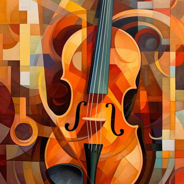 Paint by Numbers "Symphony of Forms" featuring a realistic violin amidst warm oranges and soft browns with abstract patterns in the background