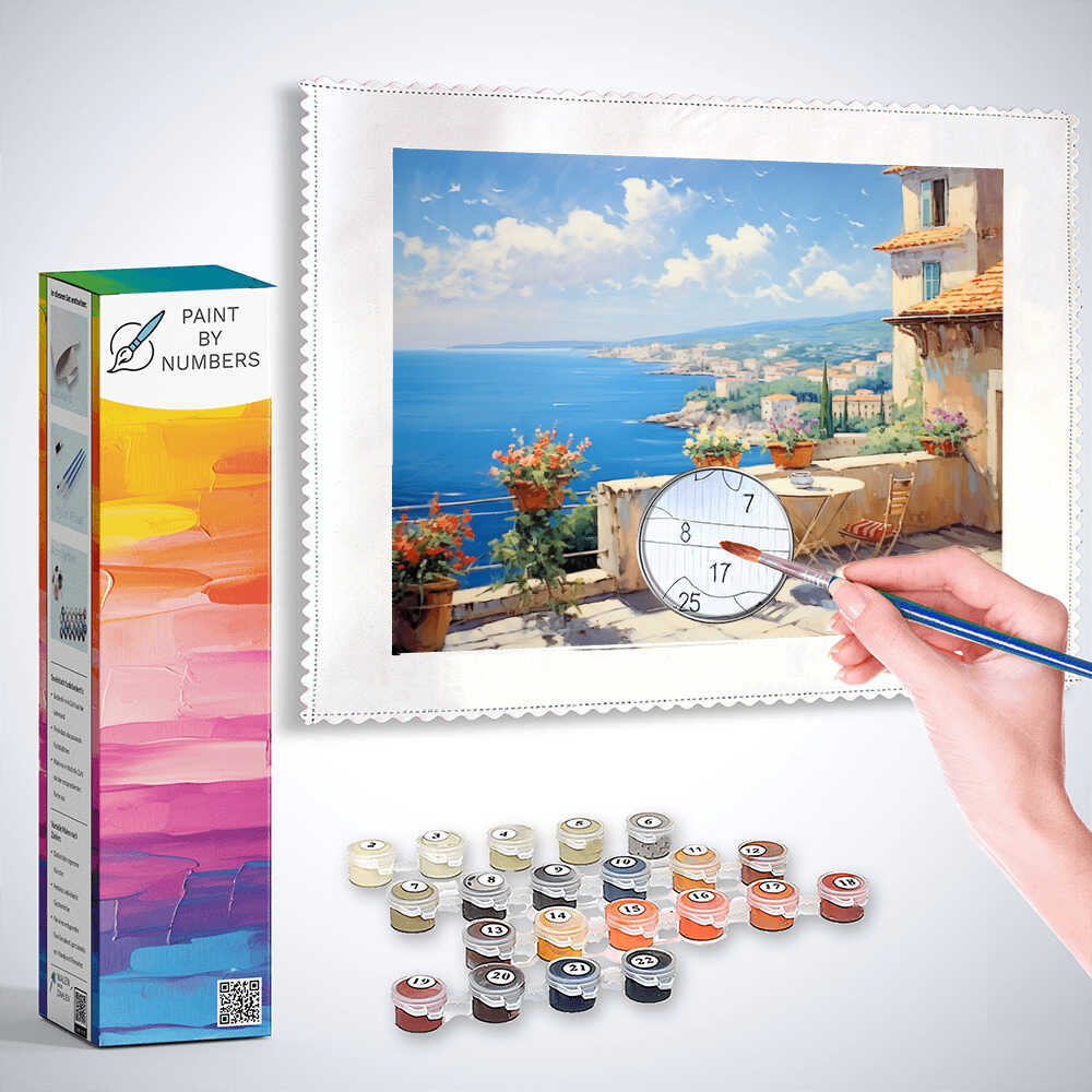 Paint by Numbers - Mediterranean coast view with a serene terrace, vibrant flowers, and blue sea. Hand painting scene with included kit.